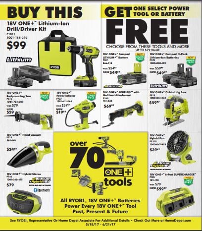 Get two Ryobi batteries and a free power tool for $99 right now at